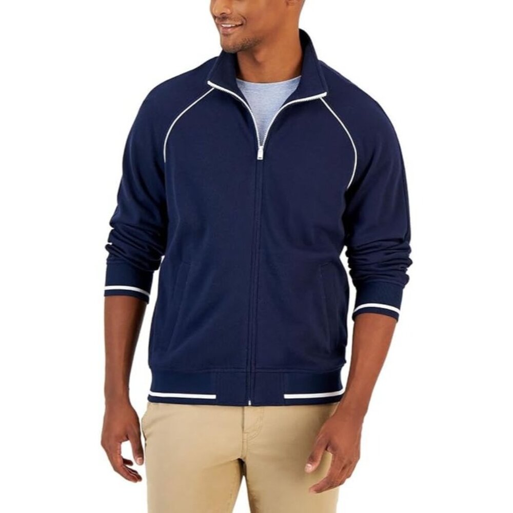Club Room Mens Track Jacket Funnel Neckline Contrast Trim Navy Blue Size XXL